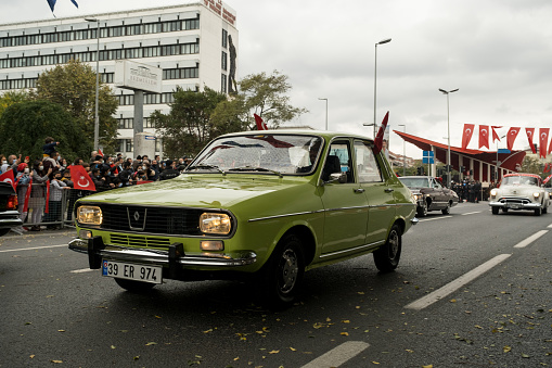 Istanbul, Turkey - October 29, 2021: Front view of a green 1969 Renault 12 TL on October 29 republic day of Turkey, Classic car parade moment.