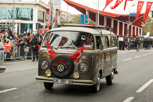 Istanbul, Turkey - October 29, 2021: A gray 1950 Volkswagen minibus parade on October 29 republic day of Turkey, Classic car parade moment.