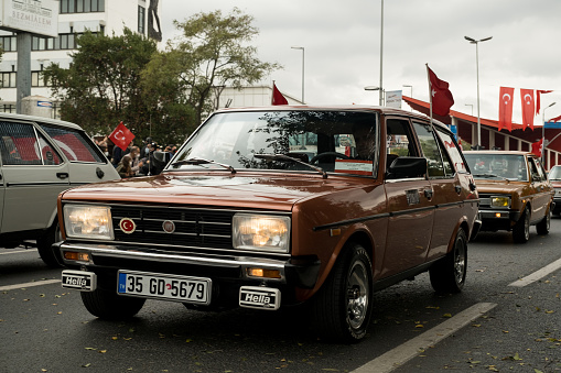 Istanbul, Turkey - October 29, 2021: Front view of a 1980 Fiat mirafiori Murat 131s on October 29 republic day of Turkey, Classic car parade moment.