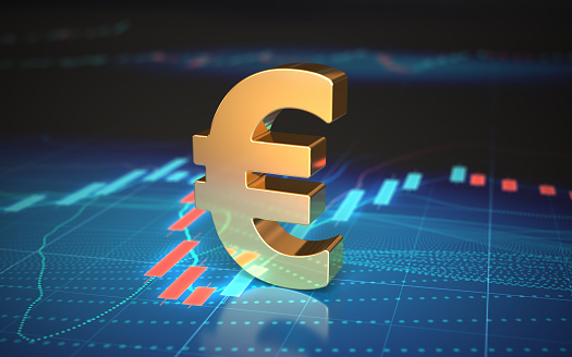 3d render Euro Sign on digital graphic background (depth of field)