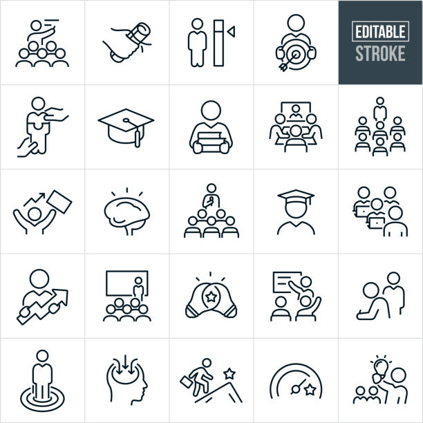 Professional Development Thin Line Icons - Editable Stroke A set of professional development icons that include editable strokes or outlines using the EPS vector file. The icons includes professional training for a group of employees by an instructor at a chalk board, hand holding a diploma or certificate, an employee with a skills meter, business person holding a target with an arrow in the bulls-eye, businessman in the form of a jigsaw puzzle being put together, graduation cap, worker with stack of books for ongoing education, group of co-workers in a boardroom attending a video conference training, seminar with attendees and instructor, human brain with wisdom, business person with arms raised holding a briefcase, graduate with graduation cap, person training students as they sit at computers, businessman holding an upwards arrow, business conference with trainer and audience, business person holding up a lightbulb, two lightbulbs overlapped, class of students with instructor teaching, person taking a continued education exam, business person standing in bulls-eye of target, knowledge being put into the head of a person, businessman climbing mountain, goal meter and other related icons. student stock illustrations