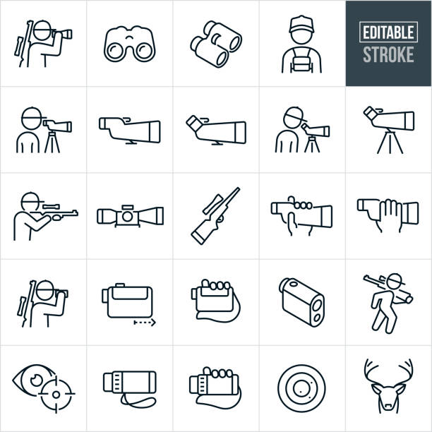 A set of hunting optics icons that include editable strokes or outlines using the EPS vector file. The icons include a hunter looking through binoculars, binoculars, hunter with binoculars in harness, hunter looking through spotting scope, spotting scope on tripod, hunter pointing rifle while looking through scope, rifle scope, rifle with scope, hand holding spotting scope, hunter using rangefinder, rangefinder, range finder, eye with crosshairs, monocular, target, deer, buck