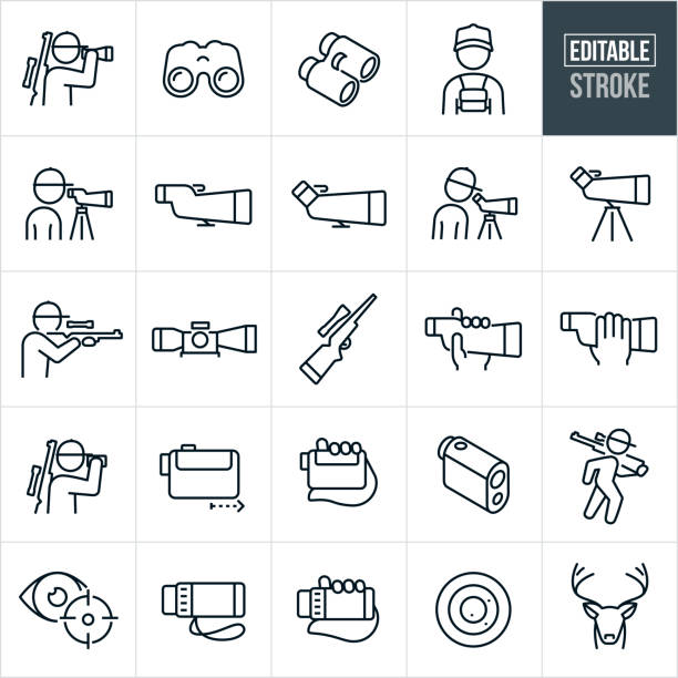 Hunting Optics Thin Line Icons - Editable Stroke A set of hunting optics icons that include editable strokes or outlines using the EPS vector file. The icons include a hunter looking through binoculars, binoculars, hunter with binoculars in harness, hunter looking through spotting scope, spotting scope on tripod, hunter pointing rifle while looking through scope, rifle scope, rifle with scope, hand holding spotting scope, hunter using rangefinder, rangefinder, range finder, eye with crosshairs, monocular, target, deer, buck observation point stock illustrations