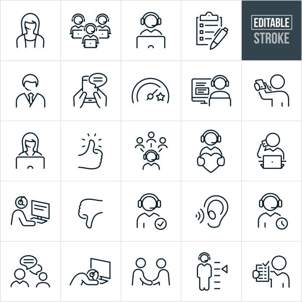 Customer Support Thin Line Icons - Editable Stroke A set of customer support icons that include editable strokes or outlines using the EPS vector file. The icons include a male customer support representative, female customer support representative, customer support rep team, CSR on computer wearing headset, survey, texting on smartphone to customer support, customer support representative having an online conversation with a customer, customer talking into phone to customer support, thumbs up, thumbs down, CSR having a conversation with a customer while on computer, listening ear, online chat between customer support and customer, CSR asleep at computer, handshake and other related icons. call center stock illustrations