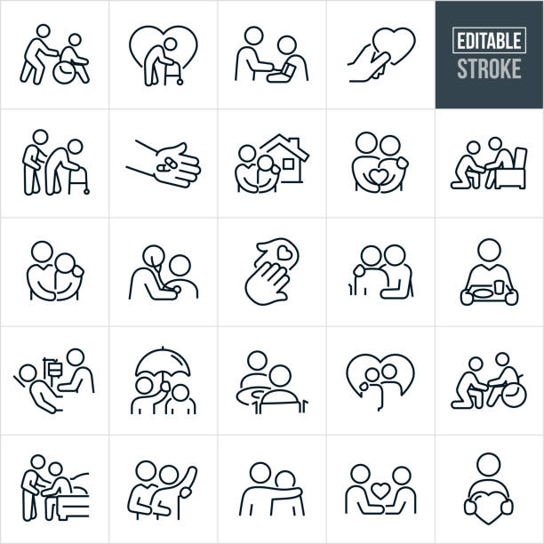 Caregiver Thin Line Icons - Editable Stroke A set of home caregiver icons that include editable strokes or outlines using the EPS vector file. The icons include a caregiver pushing elderly person in wheel chair, senior with walker and a heart in background, medical caregiver checking the blood pressure of patient, hand holding a heart, family caregiver helping parent with walker, hand giving medication, caregiver with senior and house in background, person with arm around shoulder of family member needing assistance, family caregiver holding hand of elderly family member, nurse checking heart of patient using stethoscope, hands touching, caregiver with arm around elderly person in wheelchair, caregiver with tray of food, caregiver checking IV of person sick in bed, caregiver holding umbrella over another person, family caregiver having meal with family member, caregiver helping older person out of bed, caregiver helping patient reach for item, caregiver holding hands with elderly person and others. healthcare worker stock illustrations