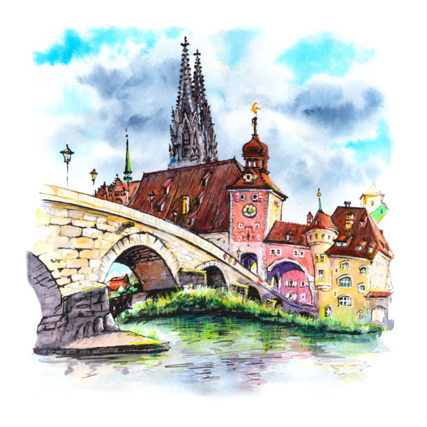 regensburg, ostbayern, deutschland - danube river illustrations stock-grafiken, -clipart, -cartoons und -symbole