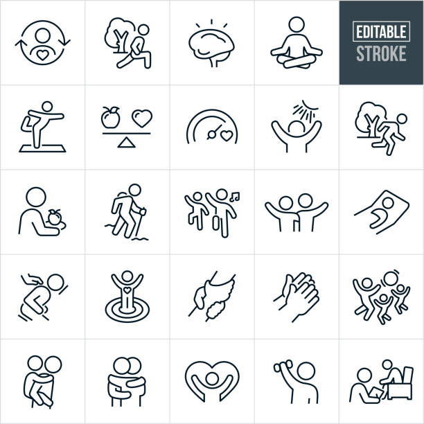 A set of mental wellness icons that include editable strokes or outlines using the EPS vector file. The icons include a person in a cycle of wellbeing, person taking care of their mental health by stretching outside, a mentally well brain, person doing meditation and mindfulness to mental wellness, person doing yoga, scale with apple and heart to represent a good diet, wellness meter, person reaching to the sun, person running outside for mental clarity, person with apple on plate to represent a healthy diet, person hiking for mental wellness, two people dancing, two friends with arms around shoulders waving, person getting good sleep, person getting massage for stress relief, person hitting mental health target, hands clasped, two hands in a prayer gesture, parent playing ball with kids, adult giving a child a piggy back ride, two people hugging, a person with arms raised in a heart to represent mental wellness, a person lifting a dumbbell for physical and mental health and a person getting counseling from a professional.