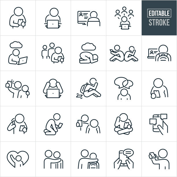Cyberbullying Thin Line Icons - Editable Stroke A set of cyberbullying icons that include editable strokes or outlines using the EPS vector file. The icons include a sad person looking at social media bullying message on smartphone, sad person with head down while being cyberbullied online from laptop, distraught person being cyberbullied on computer, depressed person with head down from being bullied on social media, person viewing bullying messages on mobile phone while bullies stand in the background, depressed person with cloud overhead, student being bullied online from laptop computer, bully taking unwanted and unwelcome photos with smartphone of another person, student with head in hands saddened over being bullied online, overweight child being bullied online, student viewing cyberbullying messages from smartphone, online chat from phone being used to cyberbully, adult with arm on shoulder of sad teenager, parent with arm around student who is a victim of cyberbullying, cyberbullying text messaging and others. girl texting on phone stock illustrations