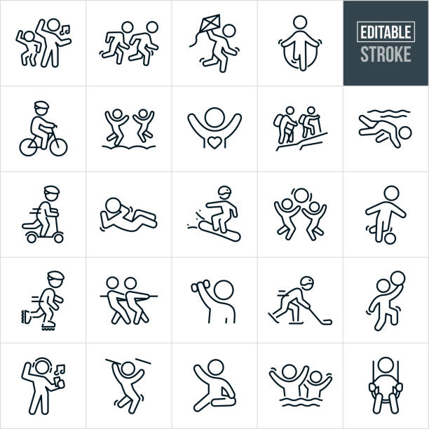 Child Fitness Thin Line Icons - Editable Stroke A set of child fitness icons that include editable strokes or outlines using the EPS vector file. The icons include lots of children doing fitness activities. They include children dancing, children running, a child running with a kite in hand, a child jump roping, a child riding a bicycle, two kids jumping in bounce house, healthy child with arms raised, child hiking mountain with parent, child swimming, child riding a push scooter, child riding in-line skates, child doing sit-ups, child snowboarding, two children playing together with a ball, child playing soccer, children doing a tug of war, child using a dumbbell weight to exercise, child playing ice hockey, child playing basketball, child swinging on monkey bars, child stretching and a child swinging. adolescence stock illustrations