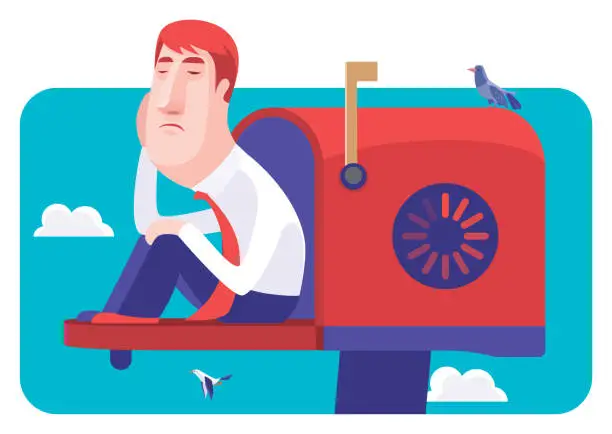 Vector illustration of bored businessman sitting on mailbox and waiting