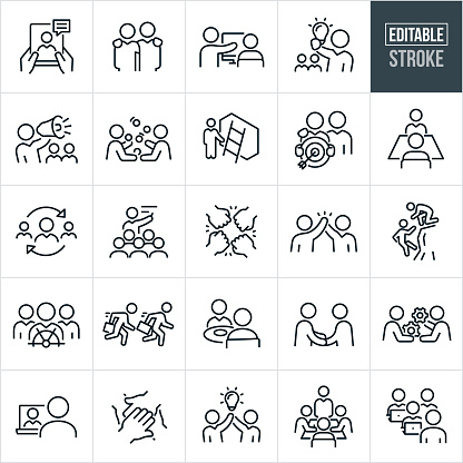 A set of business mentoring icons that include editable strokes or outlines using the EPS vector file. The icons include a business mentor on tablet screen mentoring, mentor with arm around shoulder of mentee, business person mentoring person at computer, business person with lightbulb and employees in background, businessman with bullhorn with employees in background, two business people juggling, mentor pointing to ladder against wall, mentor with arm around shoulder of mentee holding a target with an arrow in the bulls-eye, business person mentoring an employee while sitting at table, mentor training a group of business people, fist bump, huddle with hands in, person helping another person up a cliff face, businessman at helm of ship with co-workers standing behind him, business person racing behind team leader, business mentor having a meal with a mentee, two business people shaking hands, mentor and mentee with cogs, business person being mentored from team leader on laptop and a mentor training a group of employees sitting at computers to name a few.