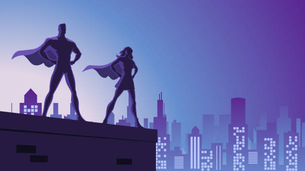 Vector Superhero Couple at night in The City Stock illustration vector art illustration