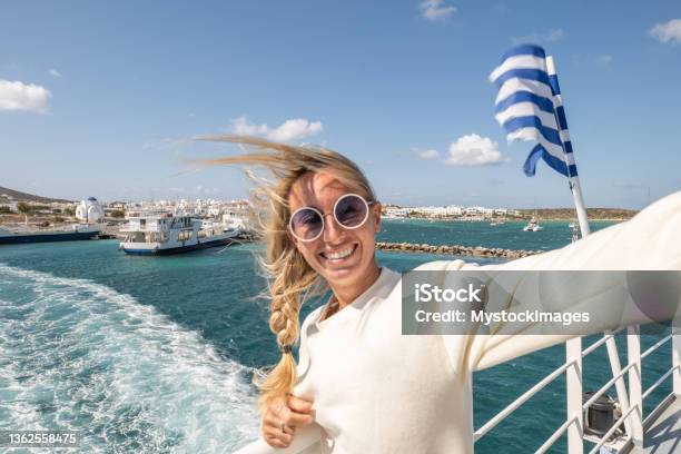 Young Woman Takes A Selfie On A Ferry In The Greek Islands Stock Photo - Download Image Now