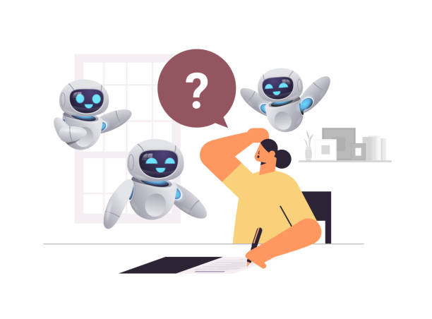girl student with robots having exam writing test education learning process artificial intelligence technology concept girl student with robots having exam writing test education learning process artificial intelligence technology concept classroom interior horizontal portrait vector illustration child robot class stock illustrations