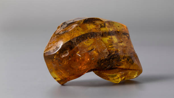 istock Transparent orange Baltic amber stone with dark plant inclusions. 1362559413
