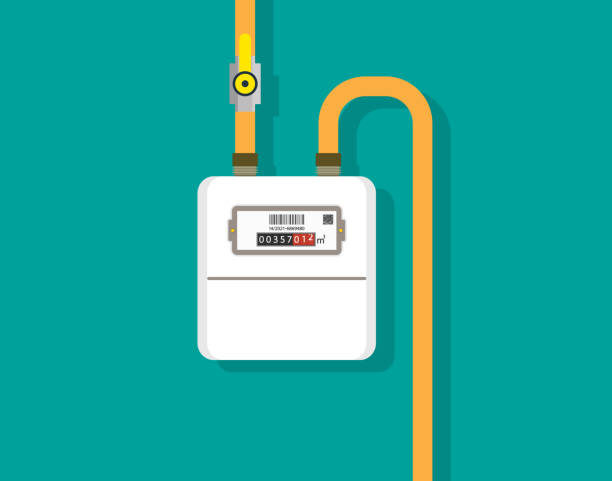 stockillustraties, clipart, cartoons en iconen met gas meter. gas measure counter with valve and pipe. icon for control, economize and consumption at home. smart panel for measurement energy in m3. heating in house. vector - energierekening