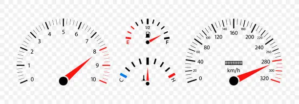 Vector illustration of Car speedometer. Auto dashboard with gauge of speed, tachometer, odometer. Icons isolated on transparent background. Panel of meter of fuel, engine rpm and temperature. Sport car. Vector