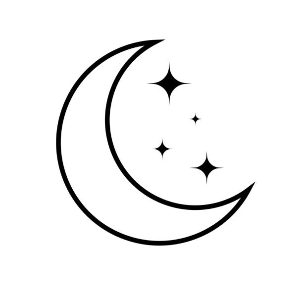 illustrazioni stock, clip art, cartoni animati e icone di tendenza di icona printmoon. delinea la luna con la stella. mezzaluna per la notte. simbolo del pittogramma per cielo, luce, sonno e sera. illustrazione semplice per la buonanotte e l'astronomia. vettore - satellite