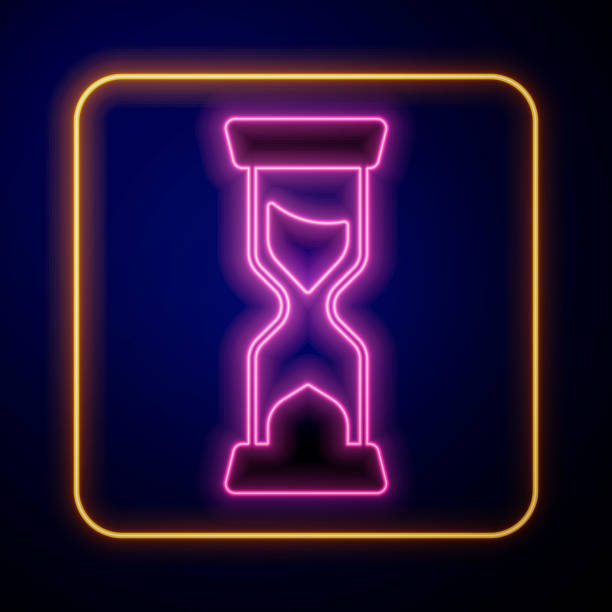 ilustrações de stock, clip art, desenhos animados e ícones de glowing neon old hourglass with flowing sand icon isolated on black background. sand clock sign. business and time management concept. vector - hourglass time purple deadline