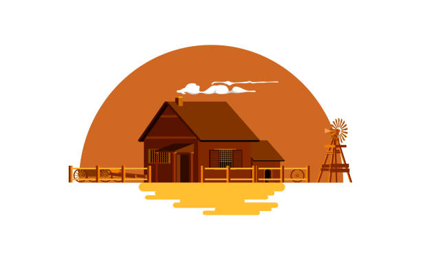 Vector illustration of high detailed western house and windmill. vector art illustration