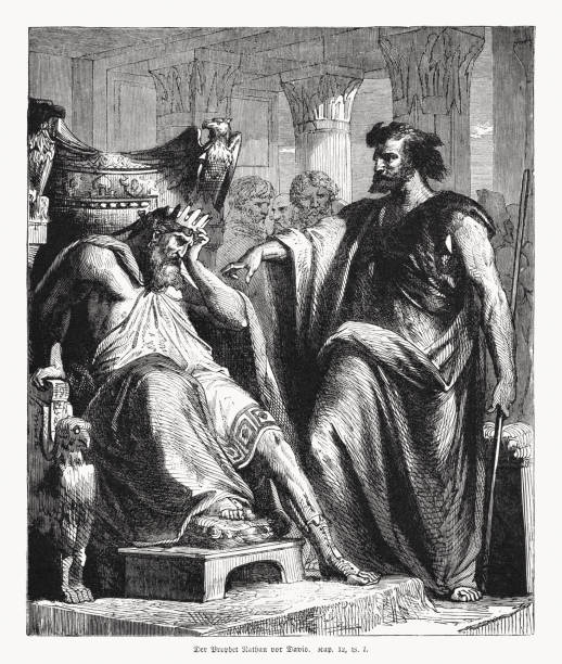 illustrazioni stock, clip art, cartoni animati e icone di tendenza di nathan il profeta si confronta con il re davide, incisione su legno, pubblicato nel 1862 - david