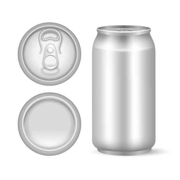 Beer can mockup Beer can. Silver drink cans mockup, lid upview side bottom views aluminium 3d canned soda cola template, front top base alcohol blank metal pack vector illustration can top stock illustrations