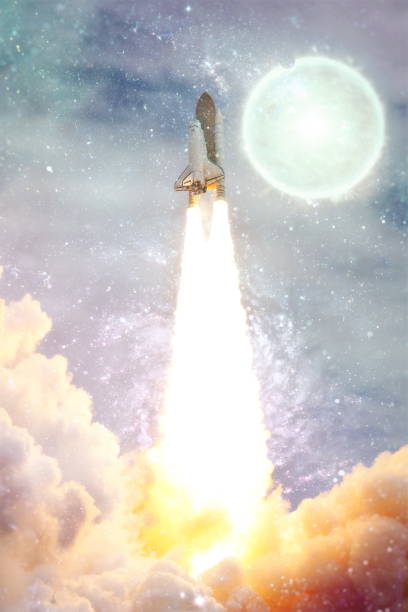 istock Rocket starts into space. Concept . Spaceship lift off with blast and smoke on the background. Elements of this image furnished by NASA 1362563794
