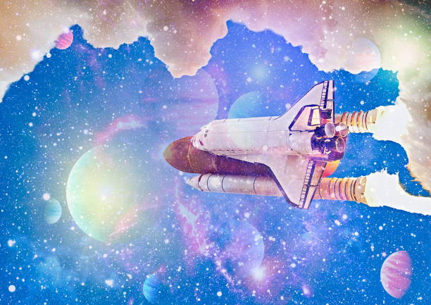 Rocket starts into space. Concept . Spaceship lift off with blast and smoke on the background. Elements of this image furnished by NASA , images-assets.nasa.gov/image/07pd2972/07pd2972~orig.jpg