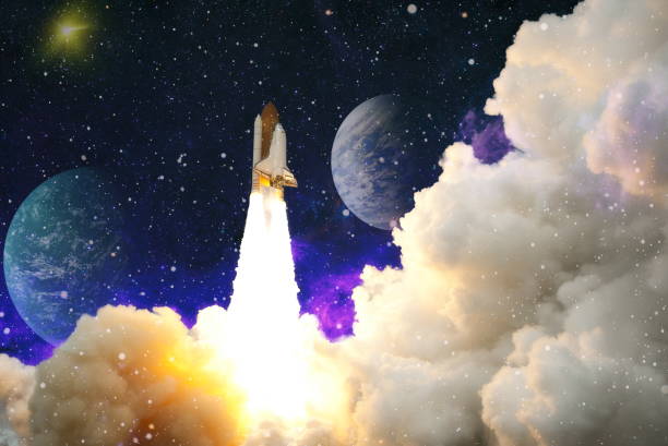 istock Rockets launch into space on the starry sky. spacecraft flies into space with clouds of smoke. Elements of this image furnished by NASA 1362564454