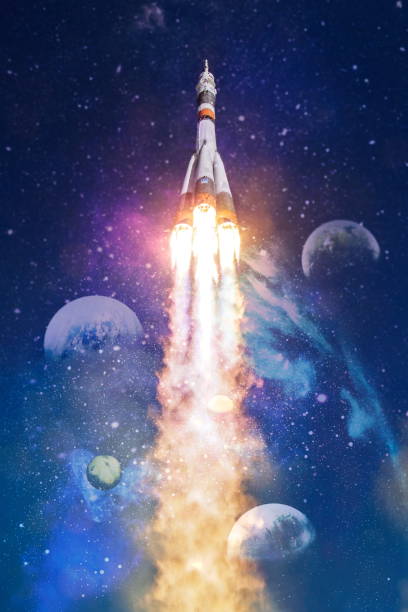 Space shuttle taking , Spaceship lift off with blast and smoke on the background of the blue planet earth and sunset.Elements of this image furnished by NASA stock photo