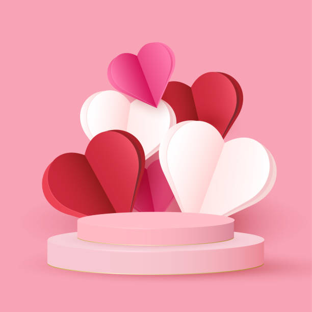 ilustrações de stock, clip art, desenhos animados e ícones de happy valentines day card with podium stage and circle frame with 3d paper hearts. vector holiday design template. pink concept sale banner or greeting card. - february three dimensional shape heart shape greeting