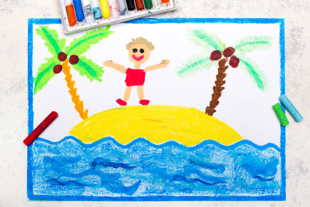 istock Colorful drawing: happy boy resting on the island. Vacation times 1362567105