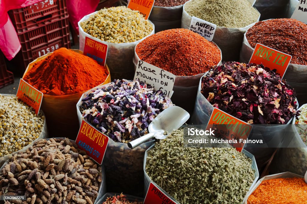 Spice market in Bodrum Colorful spices in the market (bazaar) in Bodrum, Turkey Bodrum Stock Photo