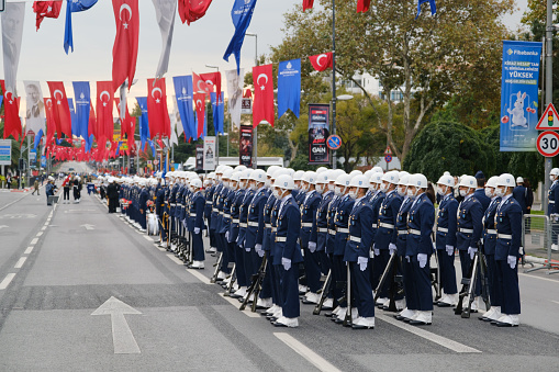 Istanbul, Turkey - October 29, 2021: Student police team parade in October 29 Republic Day celebrates. Editorial shot in Vatan avenue Fatih Istanbul Turkey.