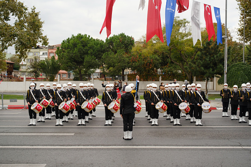 Istanbul, Turkey - October 29, 2021: Cadet marching band in October 29 Republic Day celebrates. Editorial shot in Vatan avenue Fatih Istanbul Turkey.