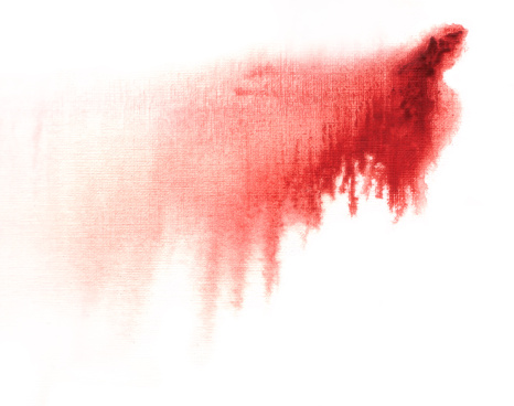 Red paint stain with drips on a canvas textured paper.  Isolated on white background. Similar to a blood stain.