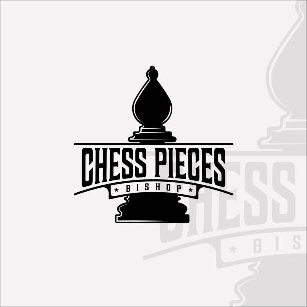 체스와 비숍 조각 아이콘 빈티지 벡터 일러스트 템플릿 아이콘 그래픽 디자인. 체스 토너먼트 또는 클럽의 복고풍 표지판 또는 기호 - black hobbies chess knight chess stock illustrations