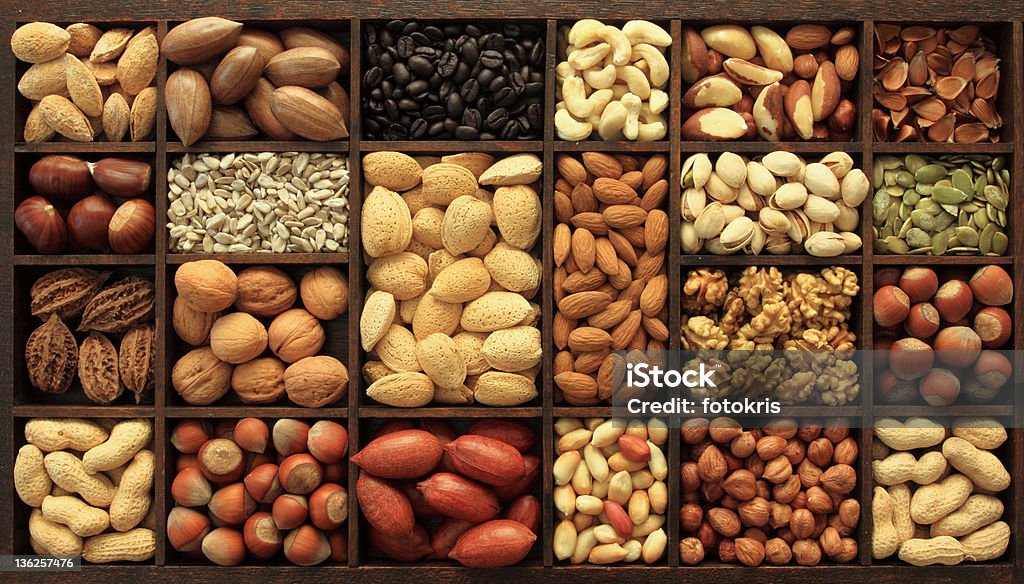 Nuts Varieties of nuts and other seeds. Food and cuisine. Almond Stock Photo