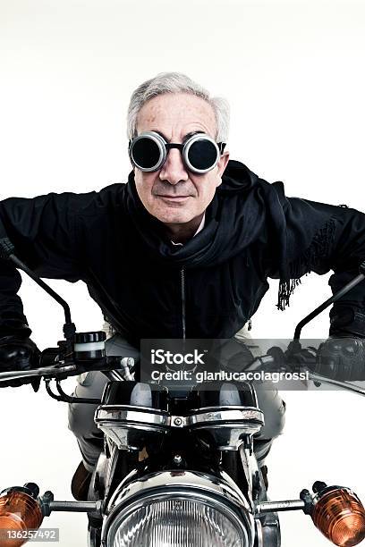 Man Drive His Motorcycle With Glasses Stock Photo - Download Image Now - Motorcycle, Flying Goggles, White Background