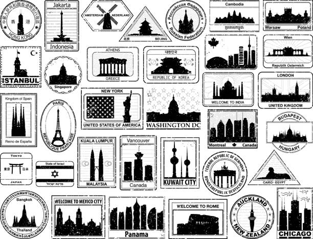 paszport znaczki - kuwait city stock illustrations
