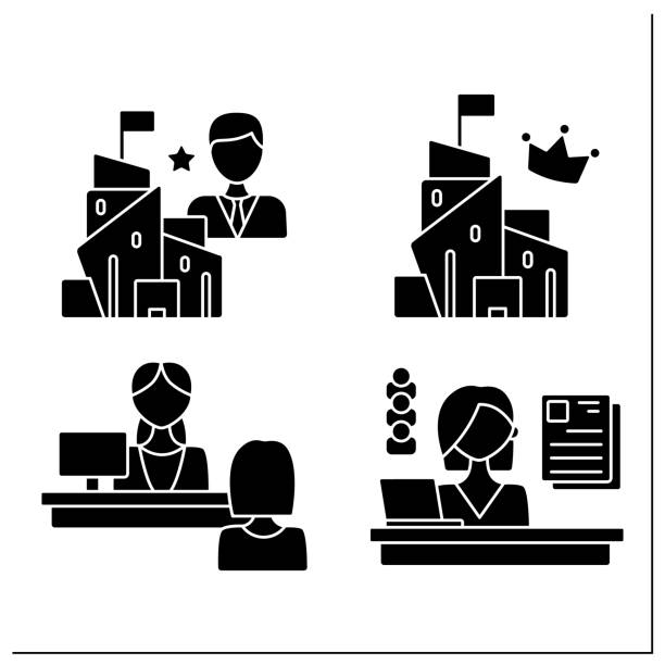 ilustraciones, imágenes clip art, dibujos animados e iconos de stock de conjunto de iconos de glifos de empresa - receptionist office silhouette business