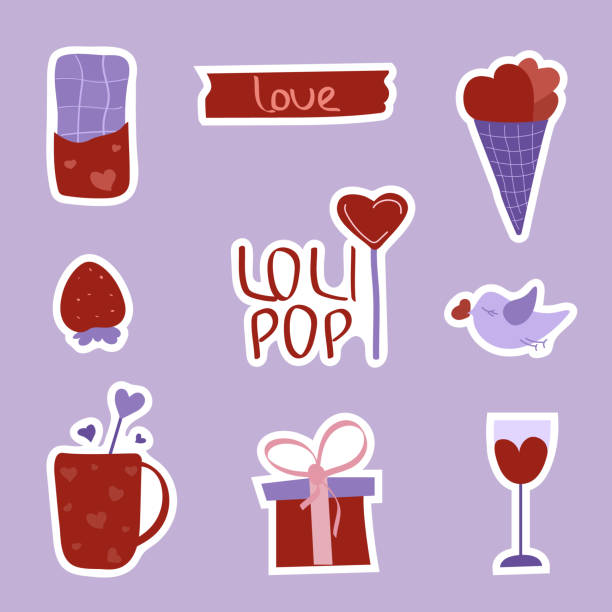 stockillustraties, clipart, cartoons en iconen met valentine's day set of stickers with gifts, ice cream, cup of hot chocolate, strawberry, glass of wine, lollipop and dove. vector illustration for february 14 gift card - hot chocolate purple