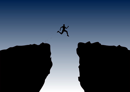 person jumping across canyon or crevice from one side to the other, vector illustration