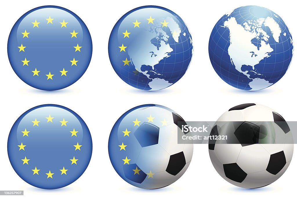 Botão de bandeira da União Europeia com uma bola de futebol e mundo - Vetor de América do Norte royalty-free
