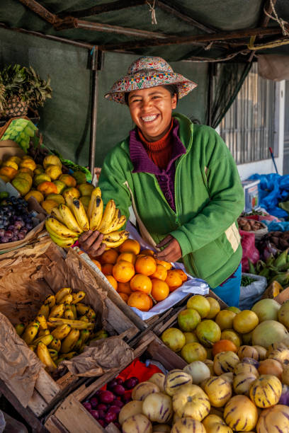 mujer peruana vendiendo frutas en su tienda, chivay, perú - trajes tipicos del peru fotografías e imágenes de stock