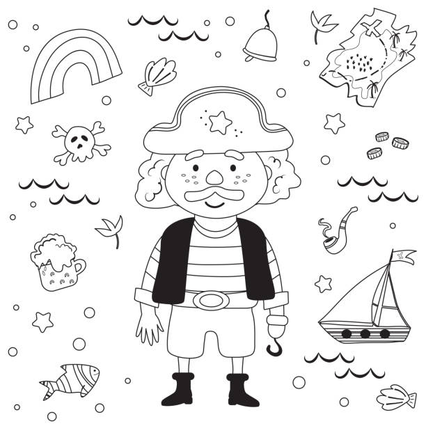 Bundle Set Pirate, Nautical Style. Adventure, Treasure Map, Smoking Pipe, Pirate Ship, Coins gold. Coloring Page or Book for Kids and Adults Nautical elements: ocean vessel, corsair with a hook, treasures, etc. Coloring book with pirate objects bellcaptain stock illustrations