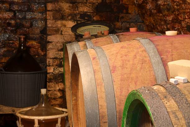 istock Old cellar with demijohns and wooden barrels. Making wine traditionally 1362582491