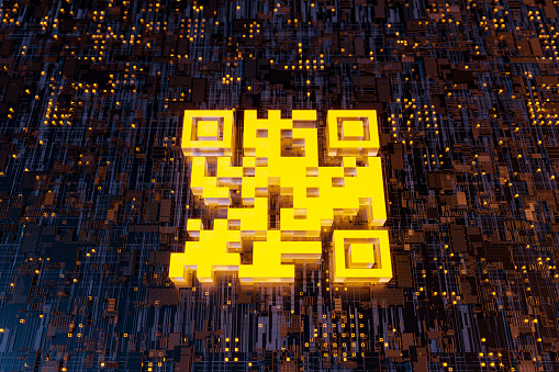 3d QR code on abstract electronic board