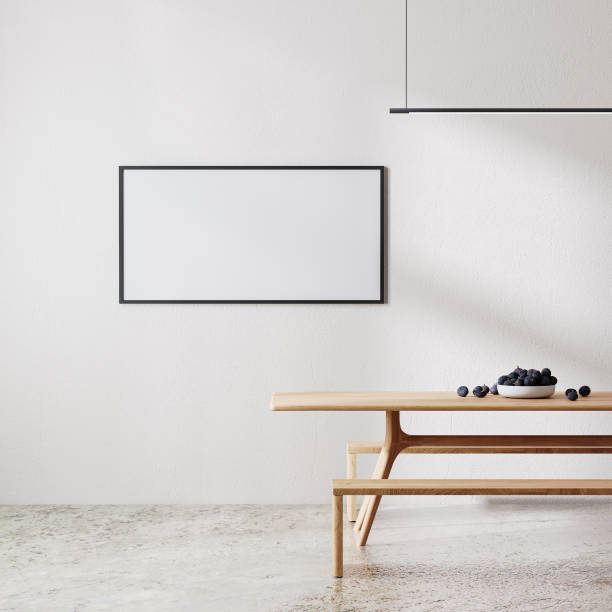 istock horizontal frame mock up in modern room minimalist interior with white all with sunlight and shadow, wooden table with benches,  dinning room, 3d rendering 1362584103