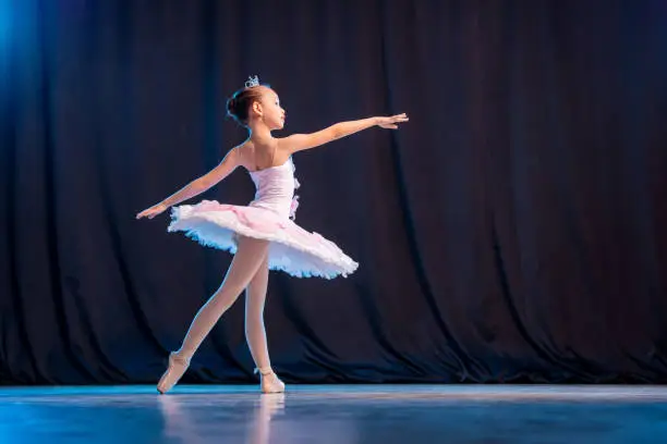 Photo of little girl ballerina is dancing on stage in white tutu on pointe shoes classic variation.